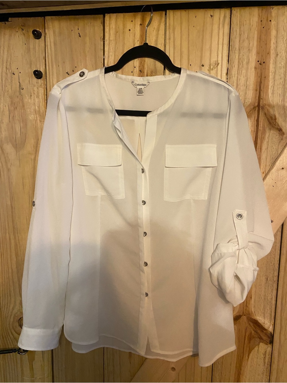 Calvin Klein White Women's Roll-Tab Button-Front Blouse